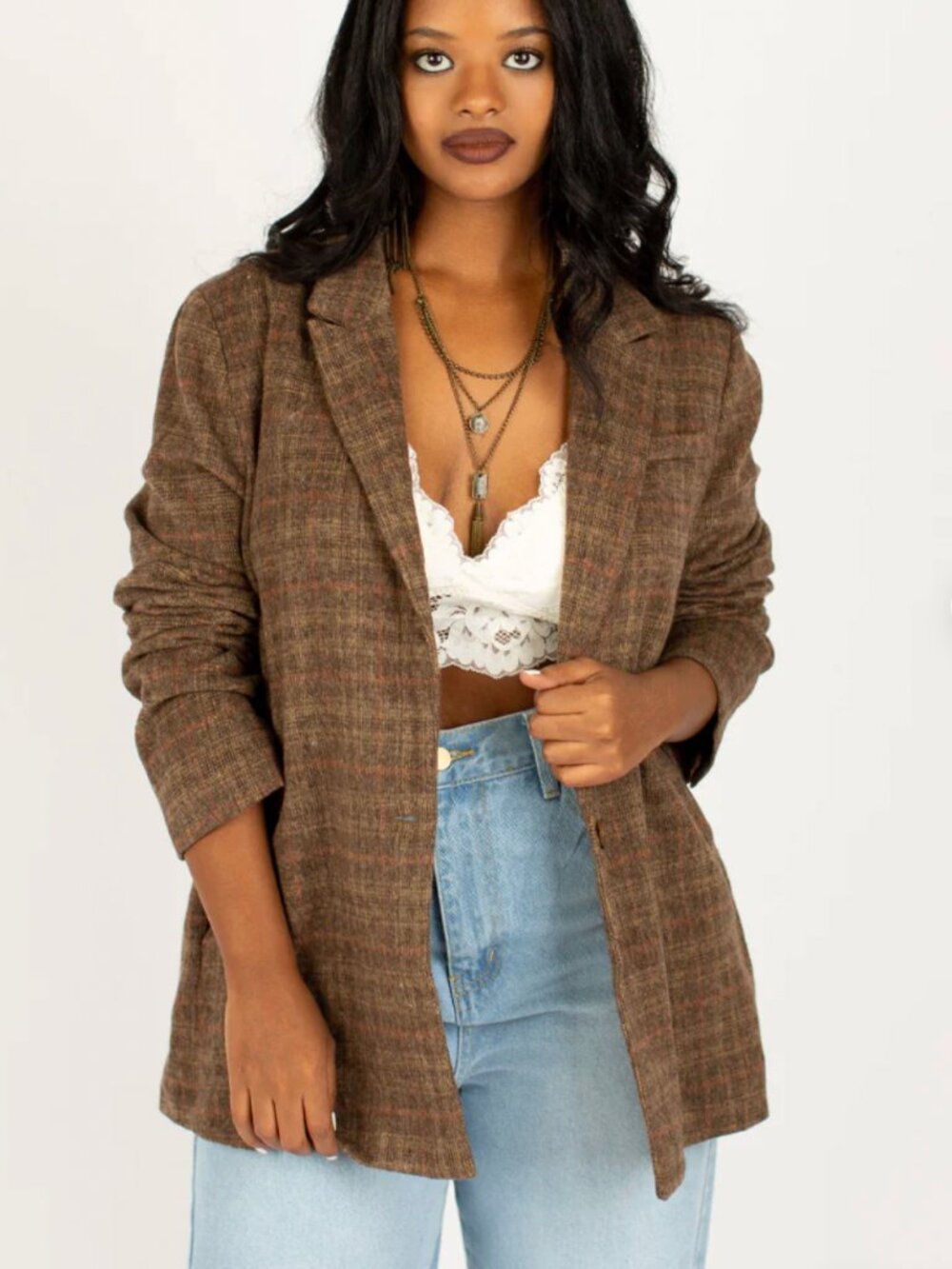 JOYFOLIE LOUVE BLAZER IN TAN & BROWN PLAID SIZE S - NWT